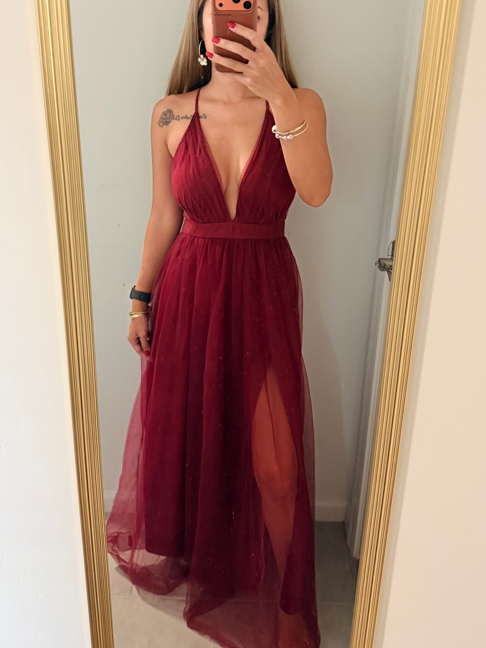 Deep V-Neck Burgundy Tulle Maxi Dress